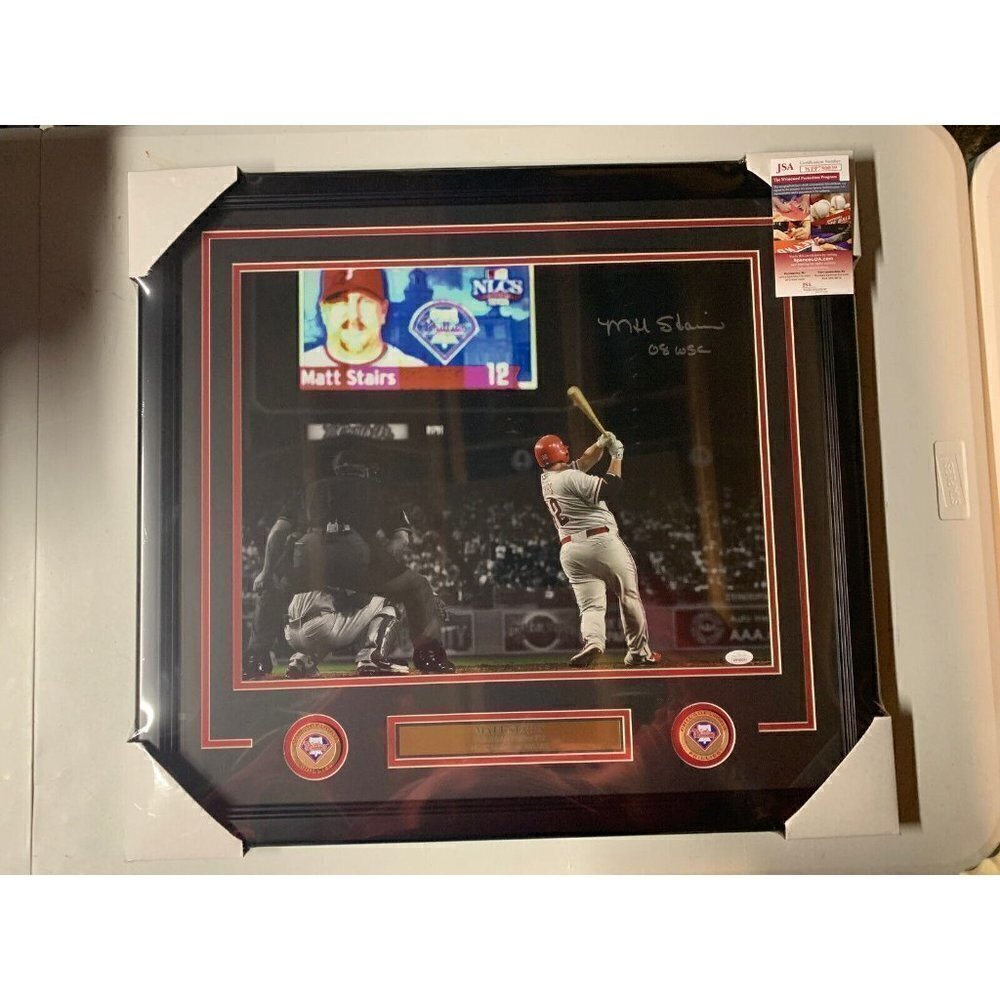 Matt Stairs Autograph Signed Phillies 16x20 Inscribed 08 WSC Photo Framed JSA
